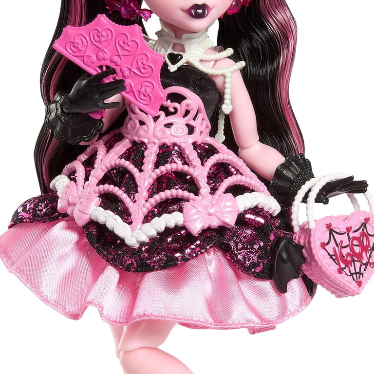 Monster---High Scary Sweet Birthday Doll, Draculaura in Pink Party Dress with Themed Accessories Like Invite, Balloon, Gift, Fan and More