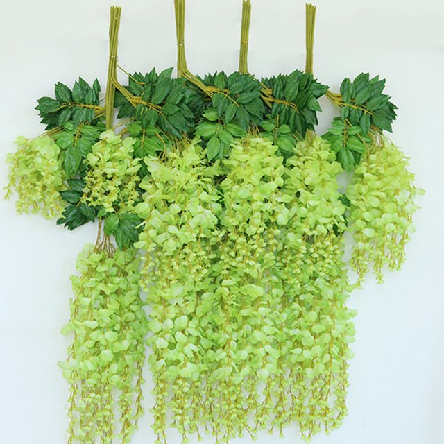 Decoración de boda flores flores artificiales decoración de sala de estar flor de frijol flor de plástico vid hoja verde ratán flor de glicina verde