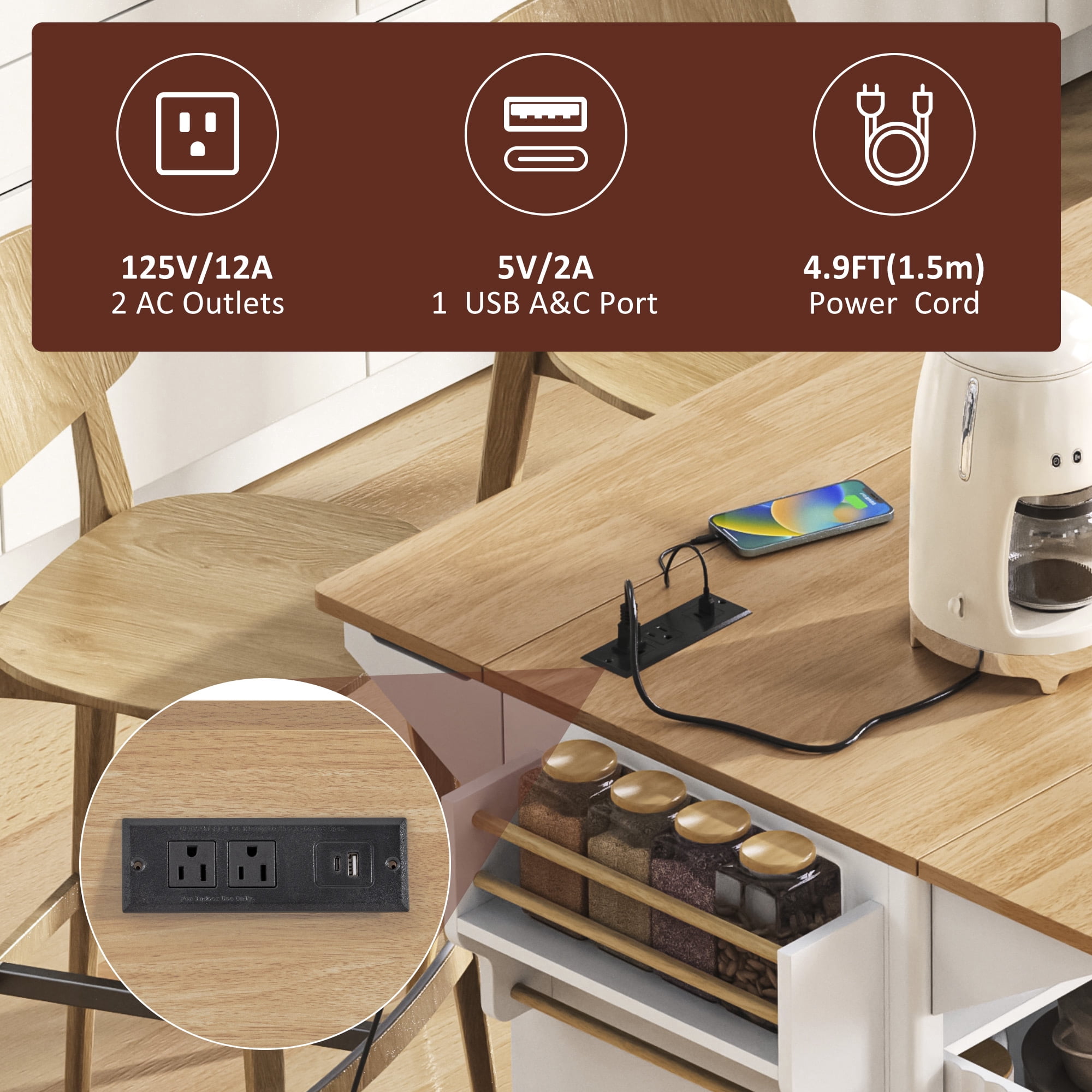 Euroco 55.5" Fluted Kitchen Island with 2 Drop Leaf, Kitchen Storage Cart with Power Outlet, 4 Doors, Spice rack, Rolling Island Table with Wood-grain Top, Curved Edge