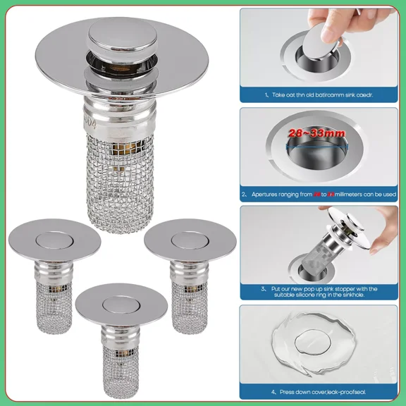 4Pcs Bathroom Sink Stopper Removable Hair Catcher, Pop-Up Sink Drain Strainer