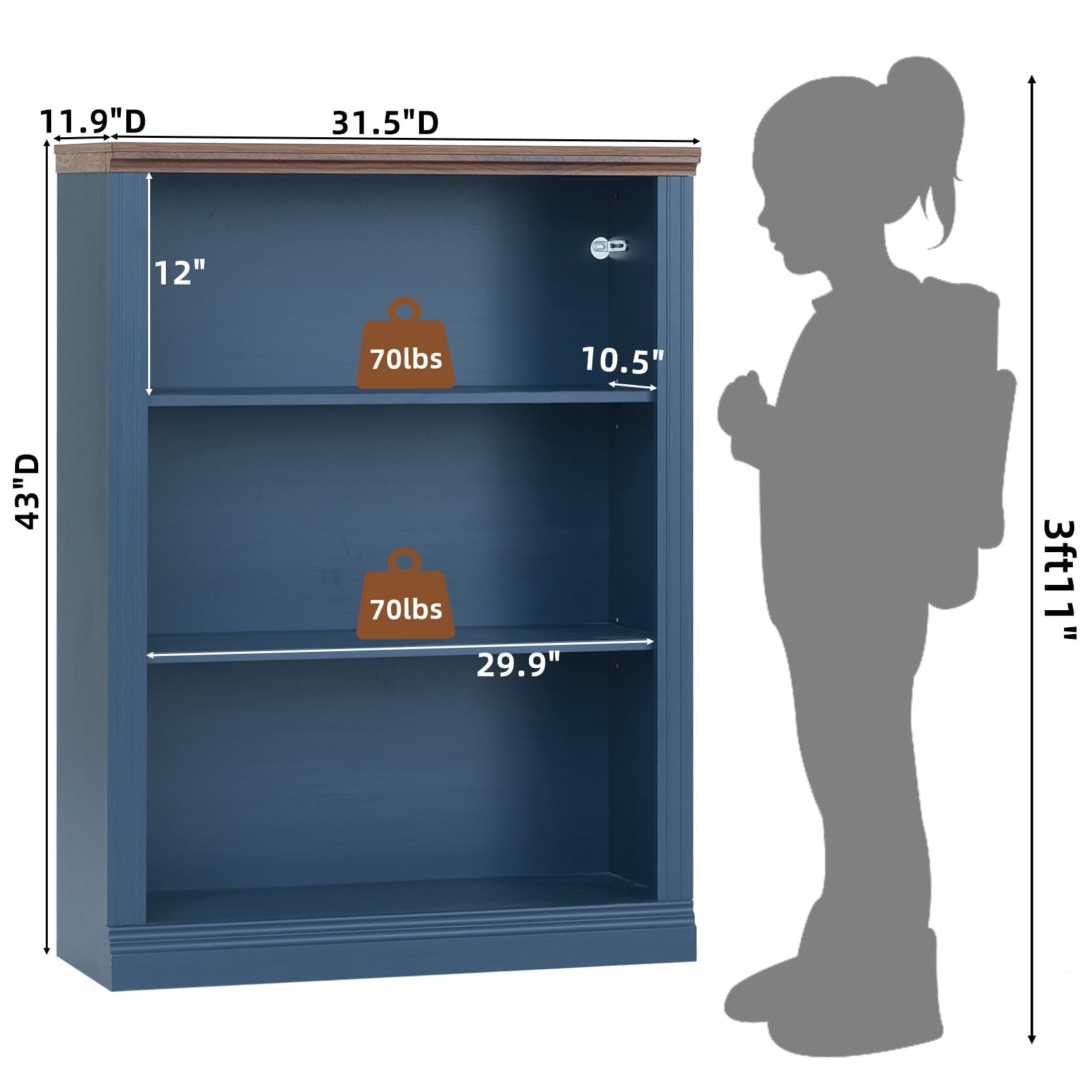 Buildhom 43" Tall Farmhouse Bookshelf, 3-Tier Solid Wood Bookcase with Adjustable Shelves for Living Room & Office, Blue