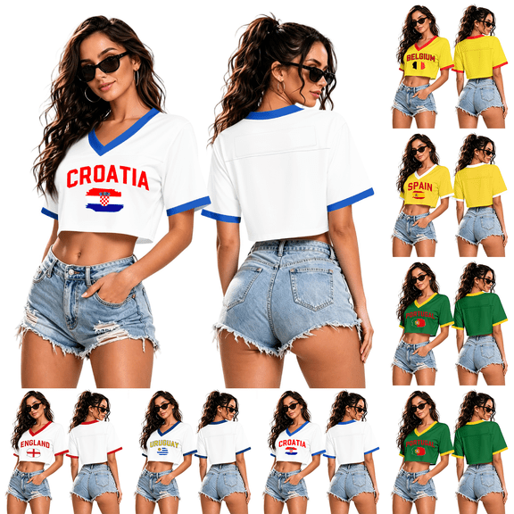KDDYLITQ Soccer Cup Shirts 2026 Women V Neck Print Crop Tops Casual Soccer Fan Short Sleeve Crop Jersey Summer Going Out Tops White L