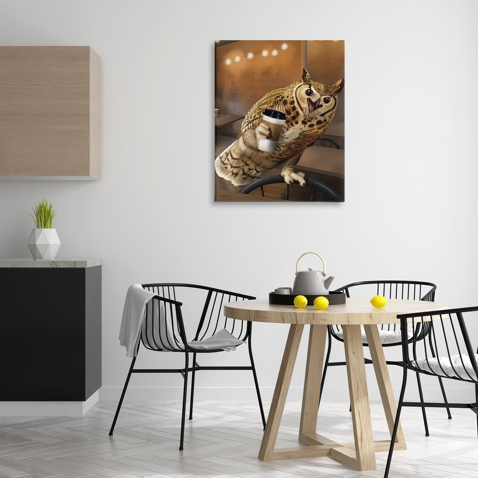 Stupell Industries Owl with Coffee Cup Food & Beverage Painting Gallery Wrapped Canvas Art Print Wall Art, 30 x 40