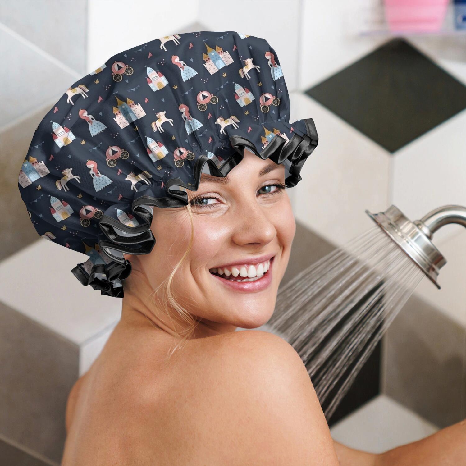 Shower Caps,Dark Princess Castle Pattern Waterproof Shower Cap for Women 4 Pieces,Double Reusable Hair Cover for Shower PEVA Elastic Stretch Hem