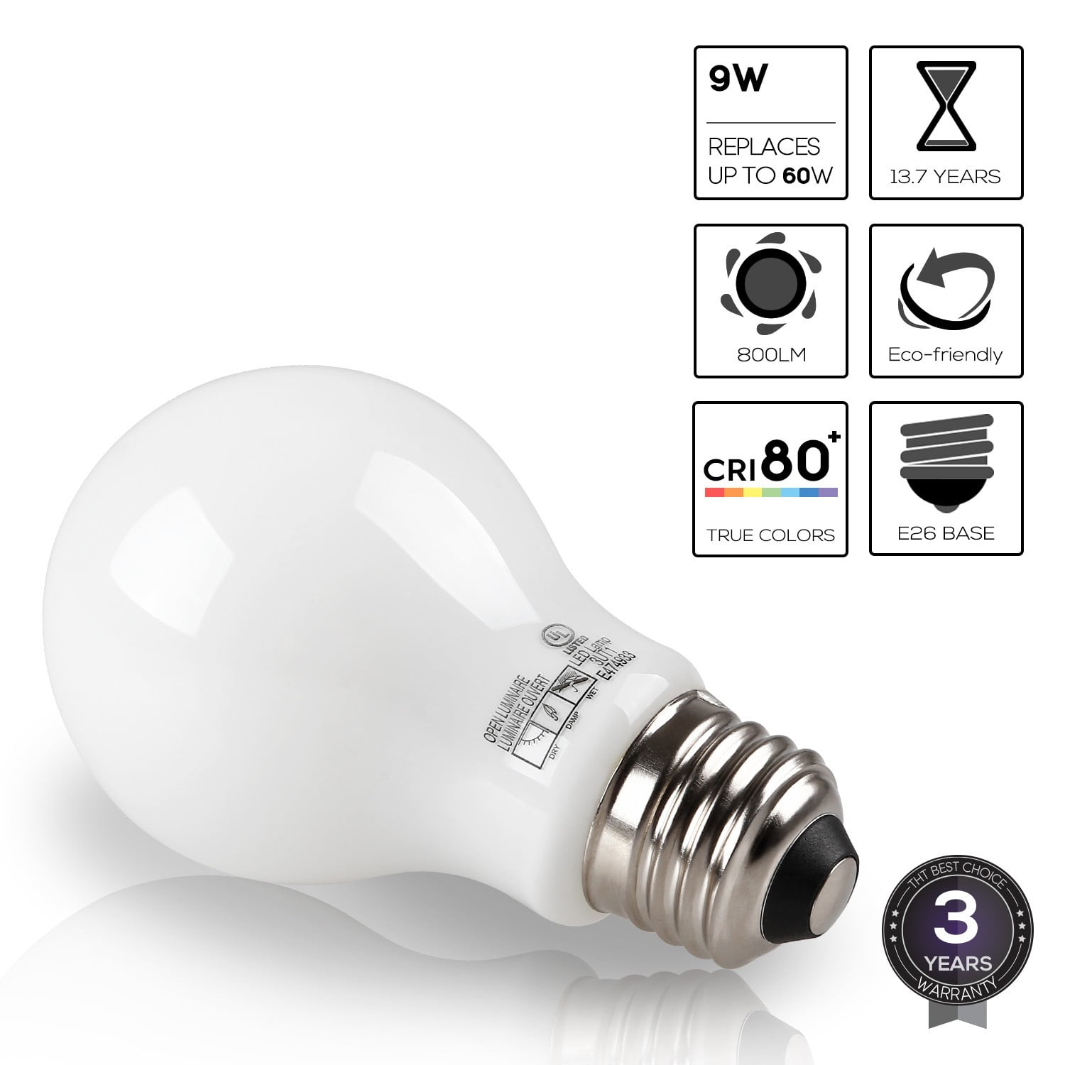 24 Pack 9W LED Dimmable A19 Frosted Glass Filament Light Bulb, 60W Equivalent Decorative Milky Light Bulb with E26 Base, UL & Energy Star Listed, 5000K Clear White, 300° Beam Angle