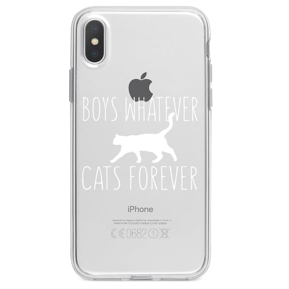DistinctInk Clear Shockproof Hybrid Case for iPhone XR (6.1" Screen) - TPU Bumper Acrylic Back Tempered Glass Screen Protector - Boys Whatever, Cats Forever