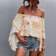 thumbnail image 5 of Shirred Off Shoulder Tops Women Off Shoulder Tops Summer High Low Hem Loose Bell Sleeve Shirred Floral Print Shirt Blouse Yellow XL ANGGREK No, 5 of 6