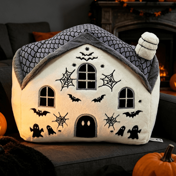 Halloween Spooky Haunted House Decor Plush Pillow, 12×10 Inches Fluffy Stuffed Throw Cushion for Indoor Party Decoration