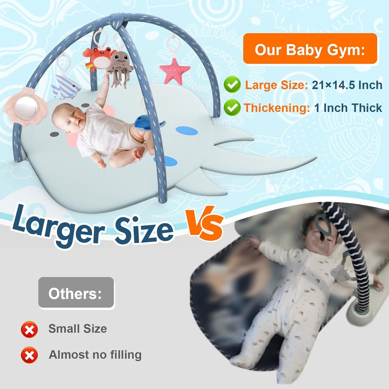 OMZER Baby Play Gym Mat for Infant & Newborn, Baby Activity Mat with 6 Detachable Hanging Toys for Sensory & Motor Skill Development, Ocean Style Playgym
