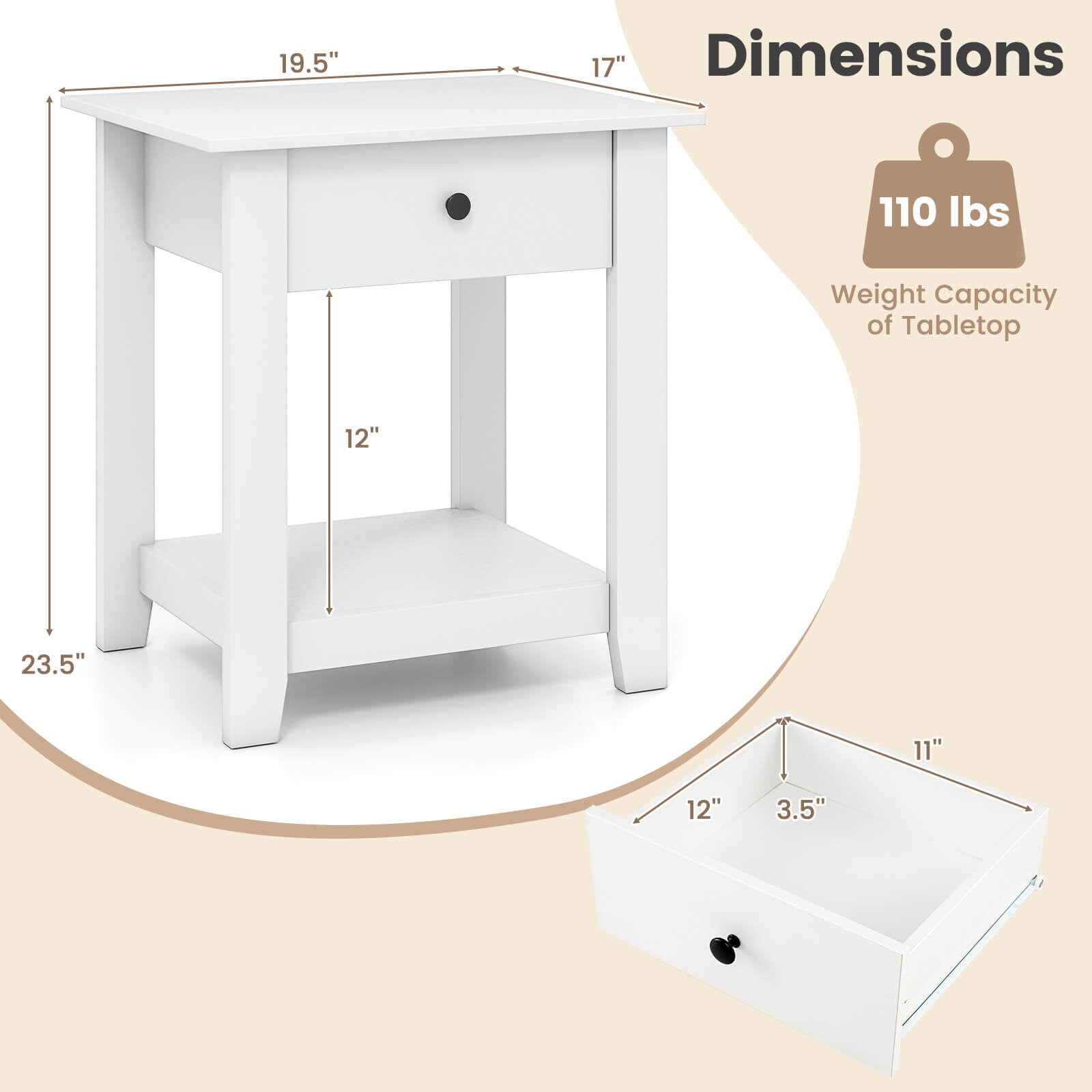 Costway 2 PCS Nightstand with Drawer 3-Tier Modern Bedside Table with Open Shelf Storage White