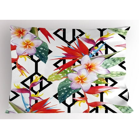 Beautiful Shapes - Plant Pillow Sham Beautiful Vibrant Colored Exotic Flowers on Absract Shapes Natural Way of Life, Decorative Standard Size Printed Pillowcase, 26 X 20 Inches, White Multicolor, by Ambesonne