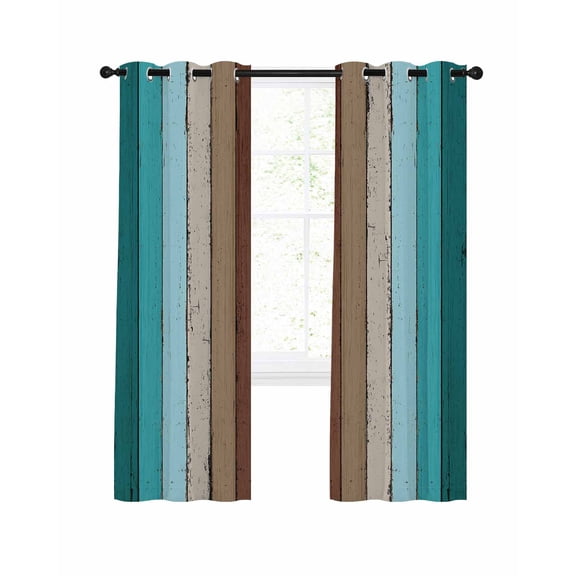 Aqua Teal Blackout Curtains, Light Blocking Print Window Curtains, Farmhouse Wood Grain Vintage Brown Striped Thermal Insulated Window Drapes for Living Room Kitchen Cafe 2 Panels, 55"W x 39"L