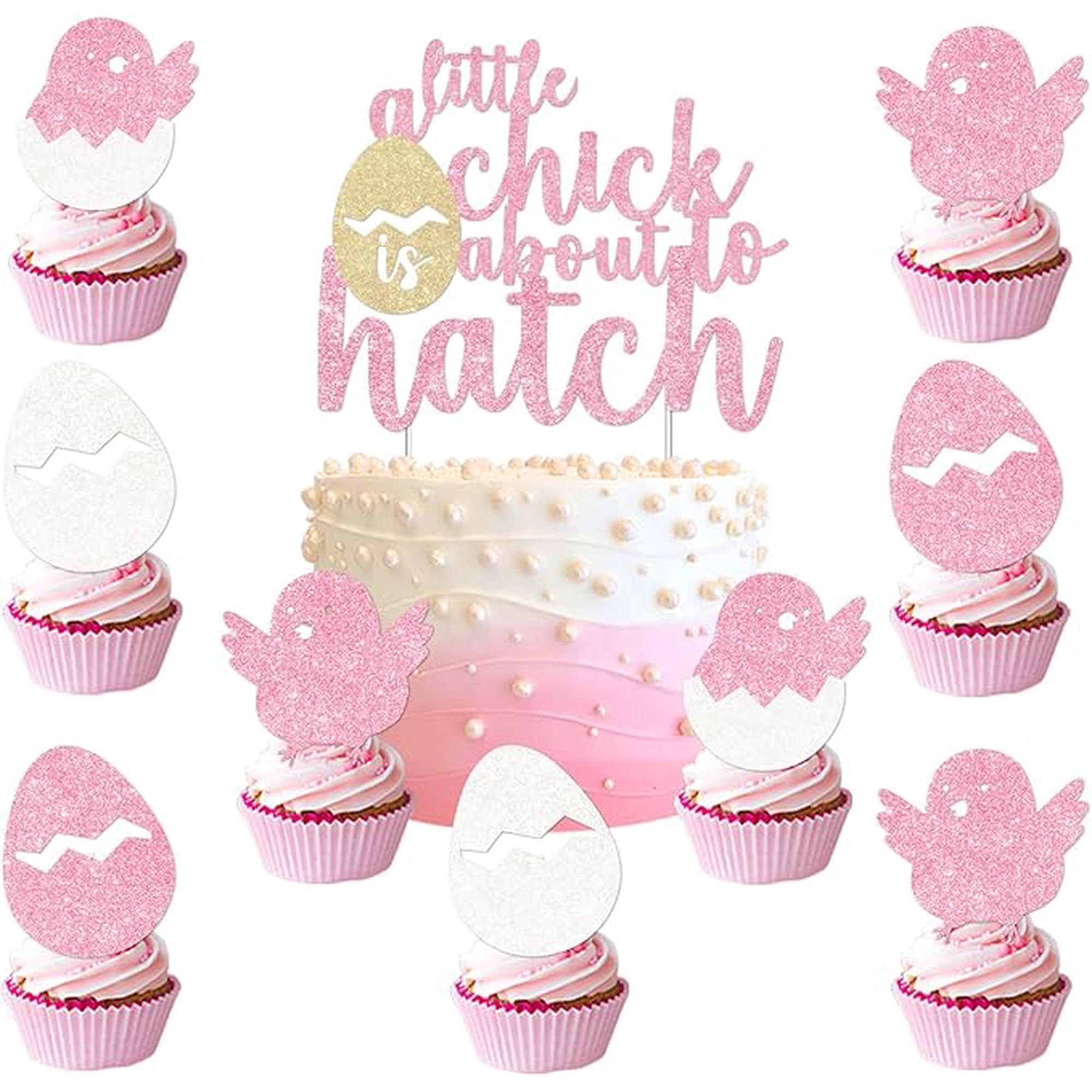 Little Chick Baby Shower Decorations A Little Chick Is About to Hatch Cake Topper Chicken Cupcake Toppers Glitter Pink Cake Decor for Girls Chicks Baby Shower Farm Animal Barnyard Party Supplies