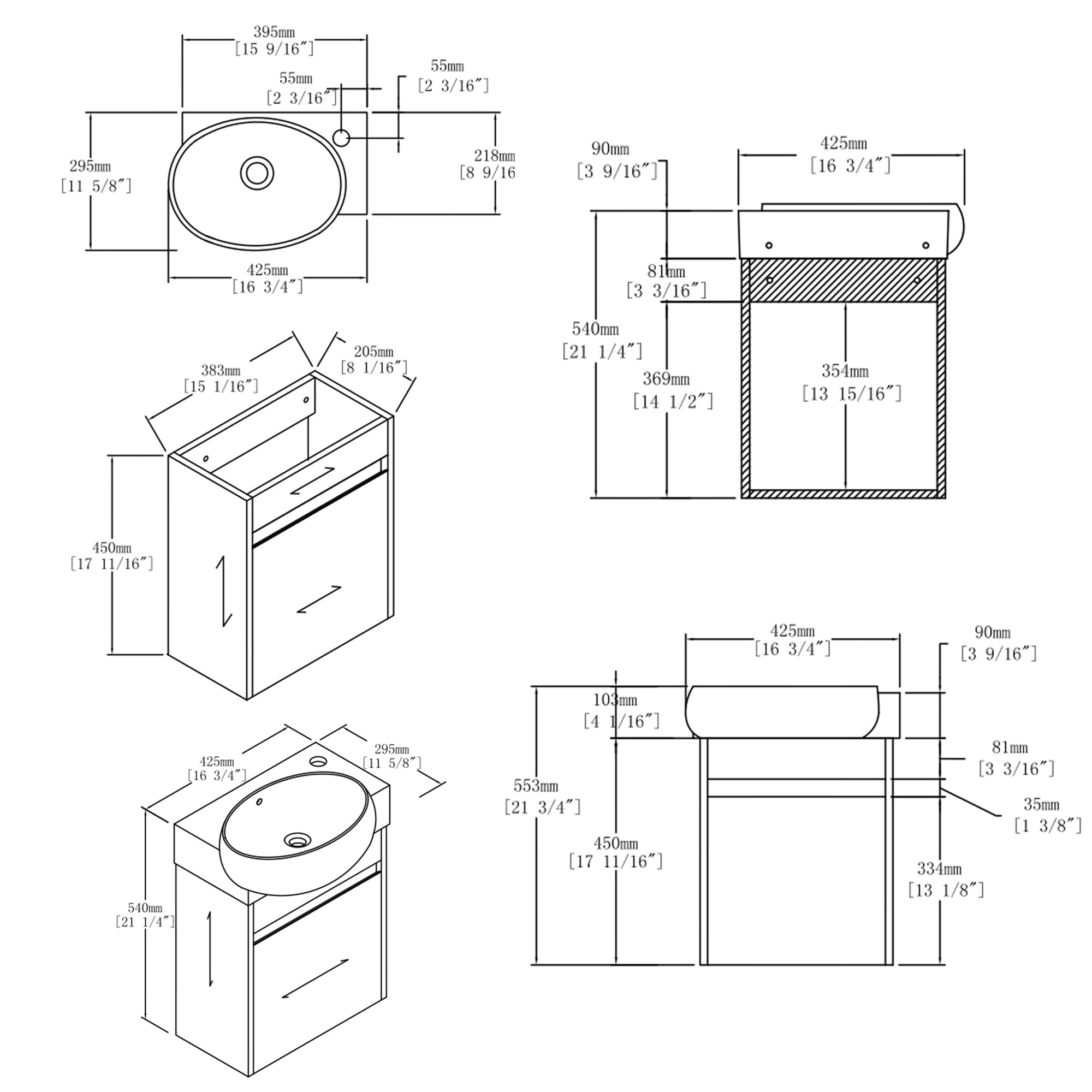 Leumius 16" Wall-Mount Bathroom Vanity Cabinet with with Ceramic Sink & Soft‑Close Doors for Small Space,Bathrooms,Brown