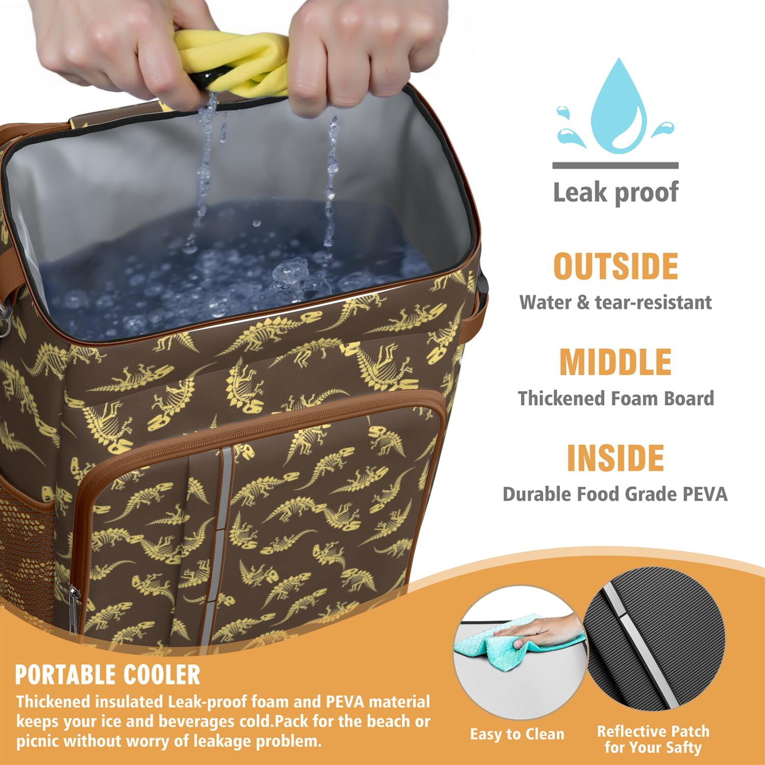 Travel Cooler Bag - Brown Cartoon Dinosaurs Skeletons Pattern Camping Beer Cooler Backpack with Bottle Opener- Waterproof Insulated Picnic Backpacks - Cooler Bag for Beach