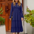 thumbnail image 3 of Womens Dresses Womens Autumn And Winter Solid Color Long Sleeve Round-neck Smocked Boho Dress A-Line Ruffle Frill Tiered Swing Midi Dress Print Tank dress Maxi Dress Mini Dress Square Neck, 3 of 6