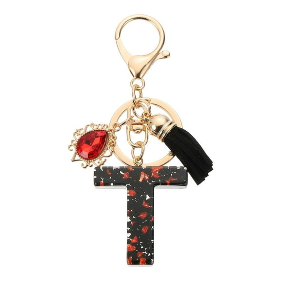 Uxcell Initial Letter T Keychains, Resin Alphabet Key Ring with Tassel, Black/Red