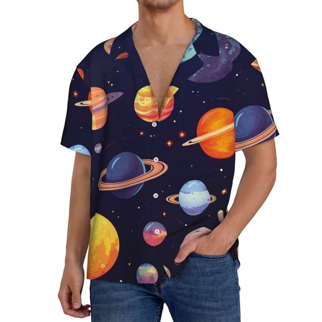 Fotbe Space Planet Camisa Estampada de Manga Corta para Hombre, Casual de Verano, Estilo Playero, Sin Arrugas-XX-Large