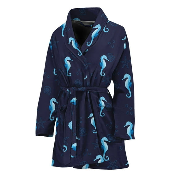 Blue Seahorse Pattern Women Bathrobe One Size Univeral Fits, Sea Ocean Fashion Lightweight Plush Fleece Long Robe For Women