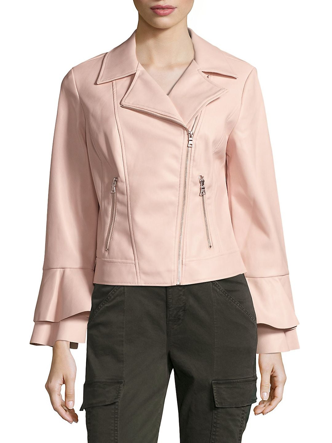 CoffeeShop Faux Leather Jacket with Ruffle Sleeve