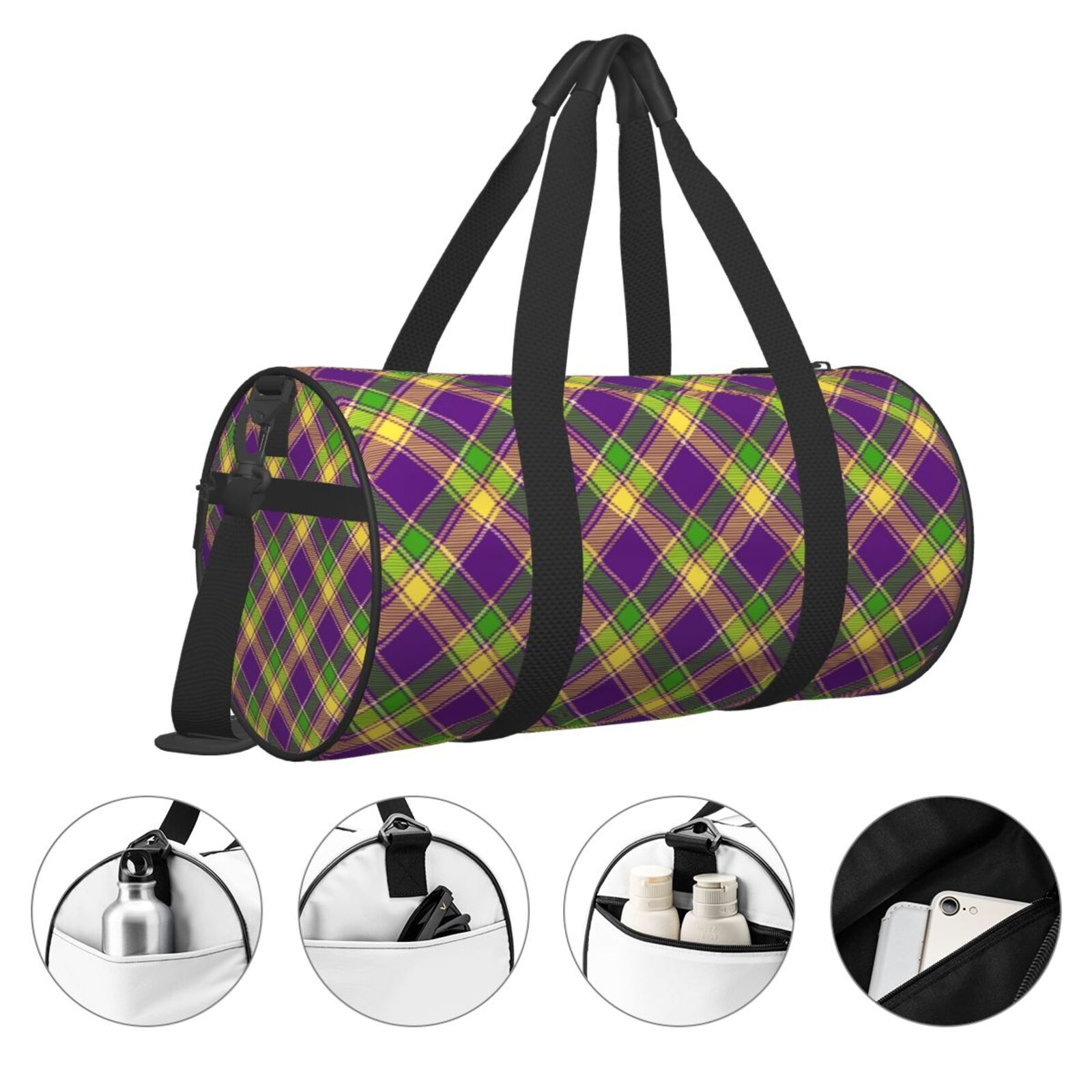 Vsdgher Mardi Gras Plaid 45L Foldable Duffel Bag, Sports Gym Bag,Overnight Bag, Portable Weekender Bag for Airplanes