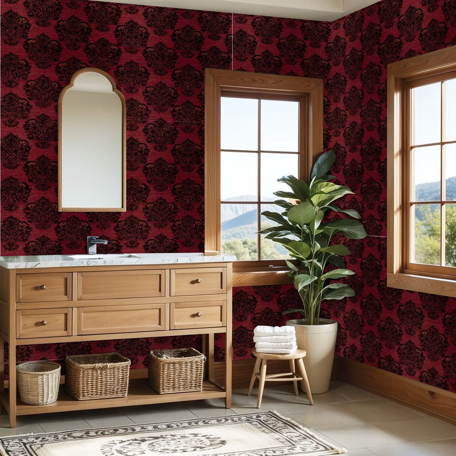 Peel and Stick Wallpaper Elegant Red Black Damask Vintage Design Wall Mural 23.6in x 9.8ft Self Adhesive Removable Wall Paper Renter Friendly Wallpaper for Nursery Bedroom Cabinets