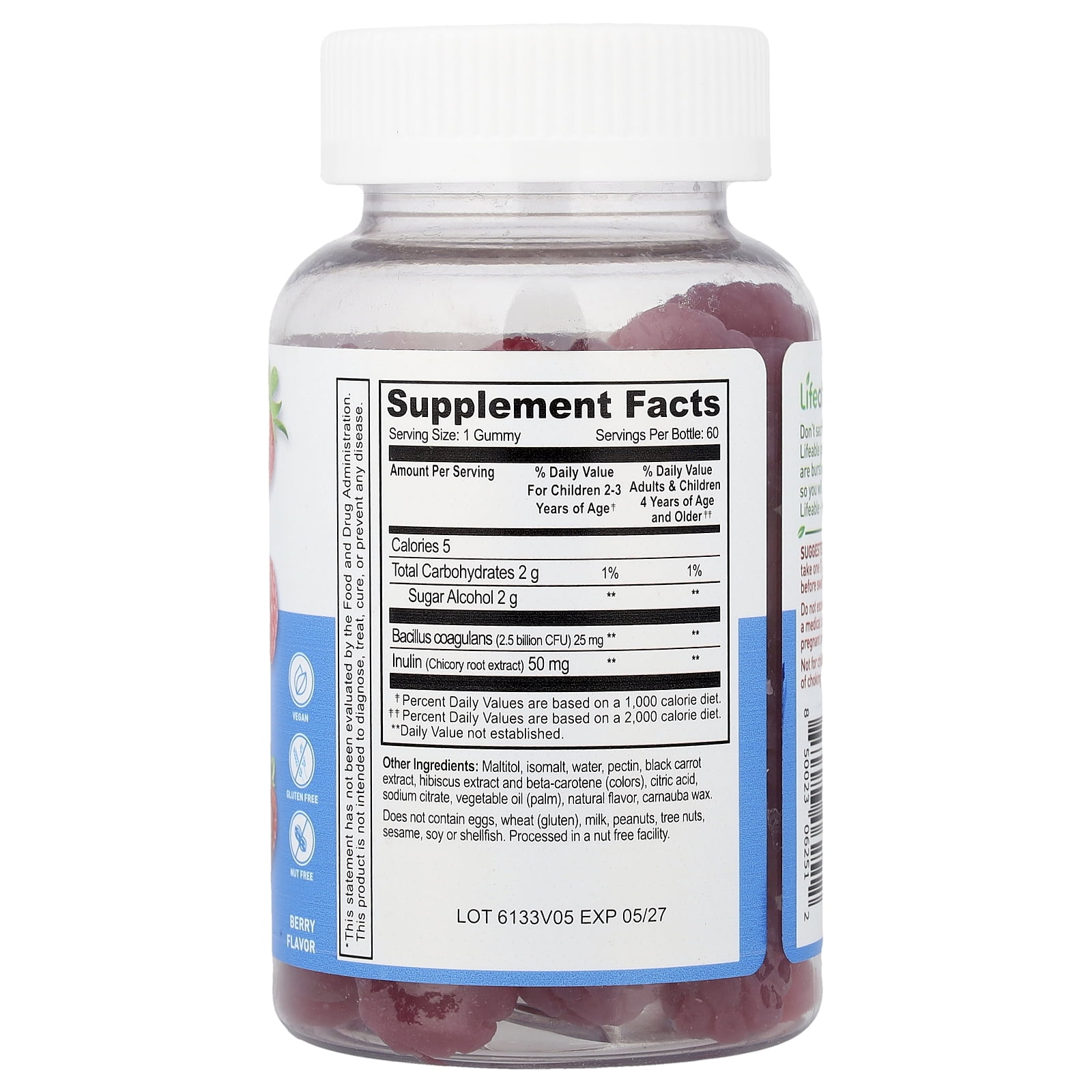 Lifeable Kids, Probiotic with Probiotic Fiber Gummies, Sugar Free, Berry, 60 Gummies