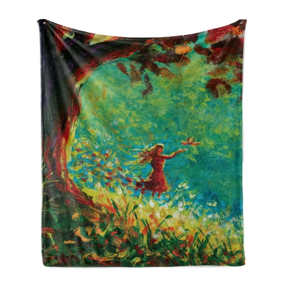 Woods Soft Flannel Fleece Throw Blanket, Oil Painting of a Girl Releasing a Bird in a Forest or a Meadow During Fall Season, Cozy Plush for Indoor and Outdoor Use, 50" x 60", Multicolor, by Ambesonne
