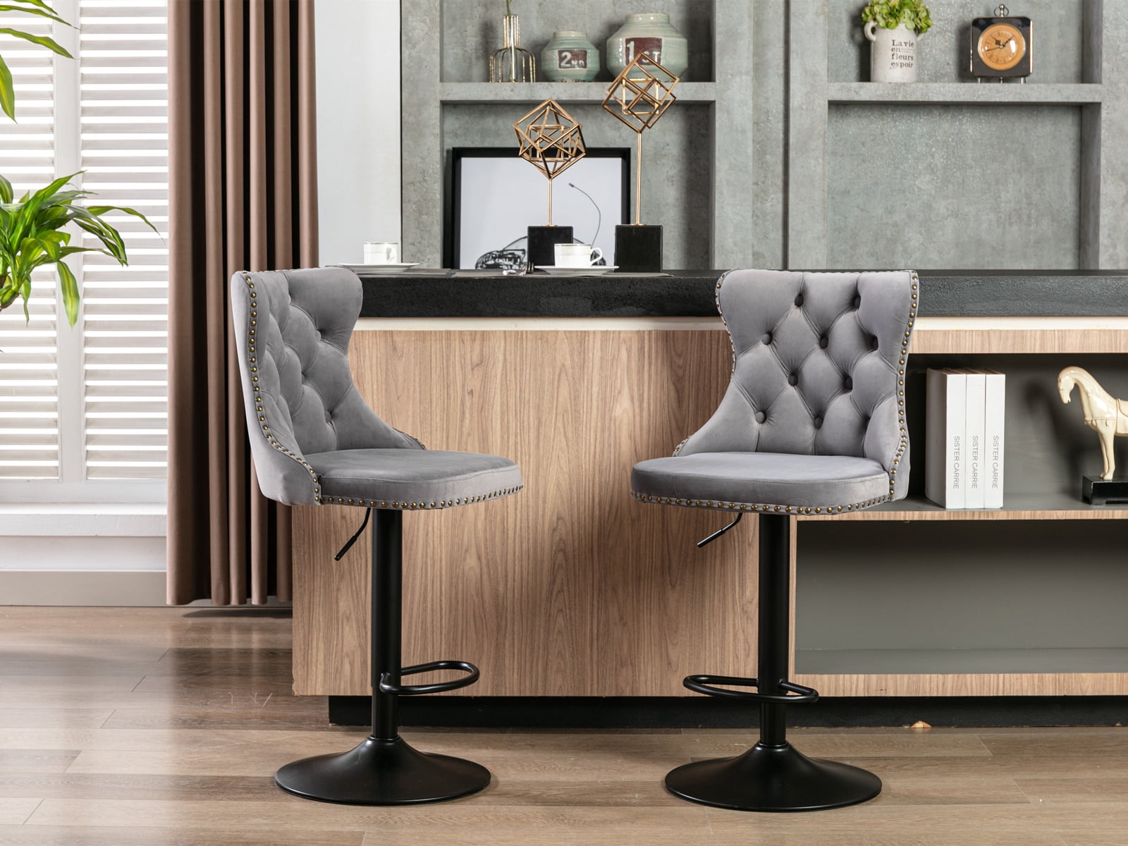 MAYEERTY Swivel Velvet Barstools - Adjustable Seat Height 25-33 Inch, 17.7 Inch Base, Tufted Backs, Gray, Set of 2