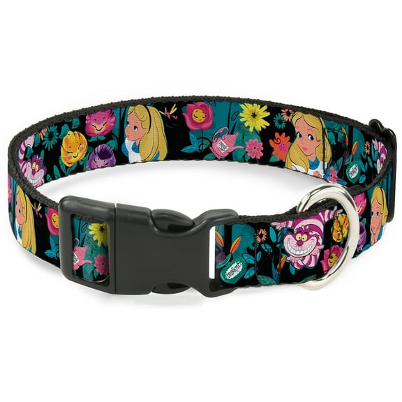 Disney Pet Collar, Dog Collar Plastic Buckle, Alice Cheshire Cat Flowers Poses Black Multi Color, 13 to 17 Inches 1.5 Inch Wide