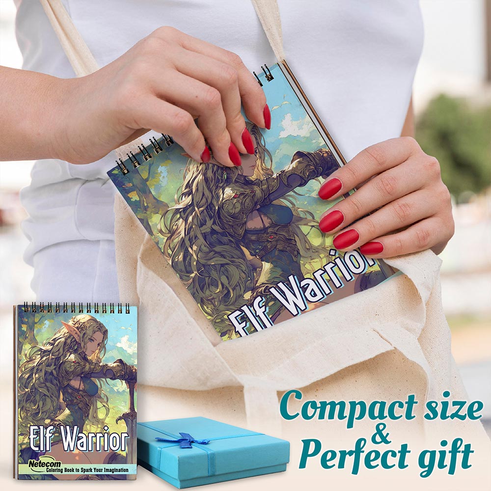 Netecom Elf Warrior Coloring Book for Adults, A5 Wooden Cover, 30 Epic Coloring Pages of Elven Warriors for Stress Relief and Relaxation, Spiral Bound Edition