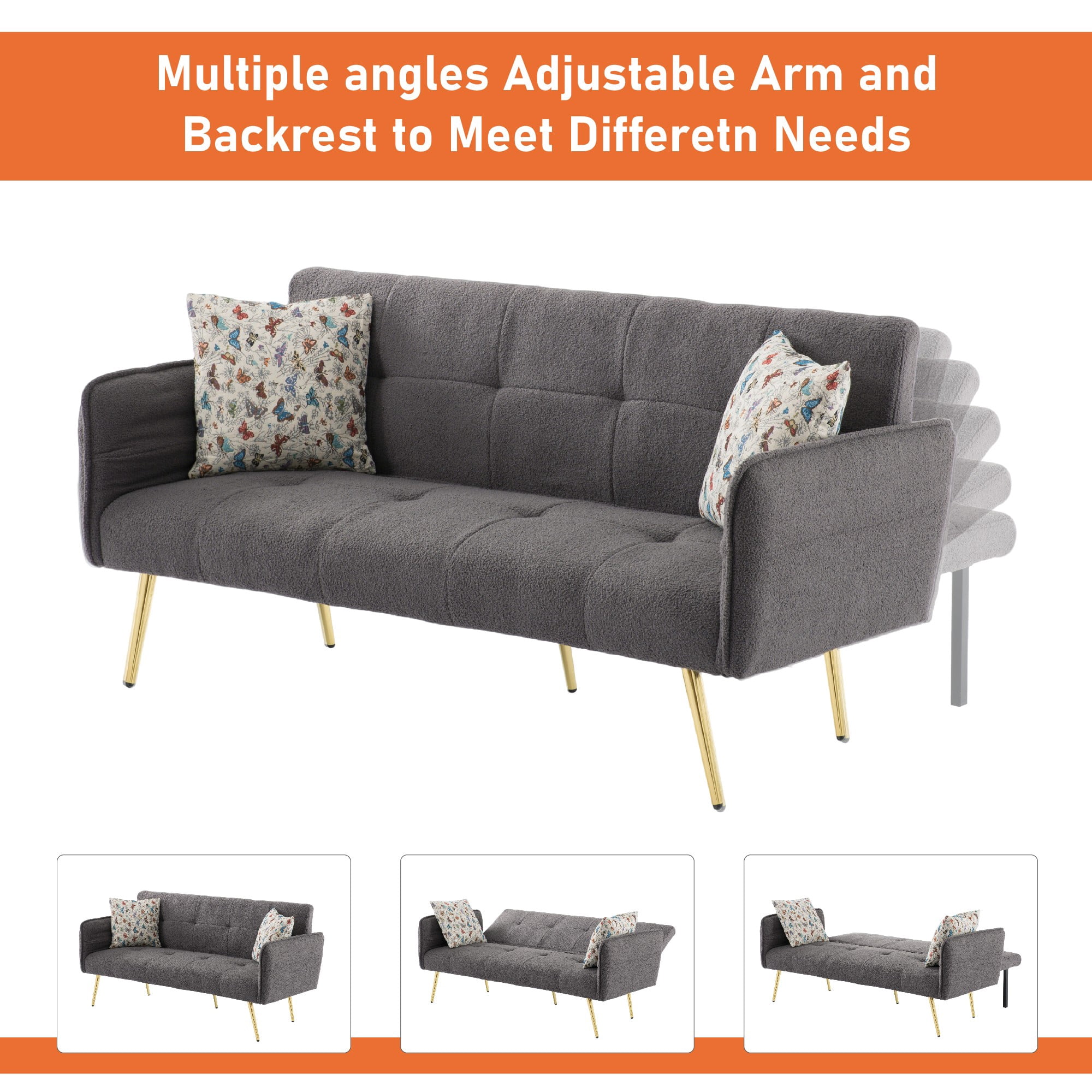 BSHTI 67.72" Teddy Fabric Convertible Futon Sofa Bed with 5-Position Adjustable Backrest & Armrest, Gold Metal Legs, Tufted Design, 2 Jacquard Pillows