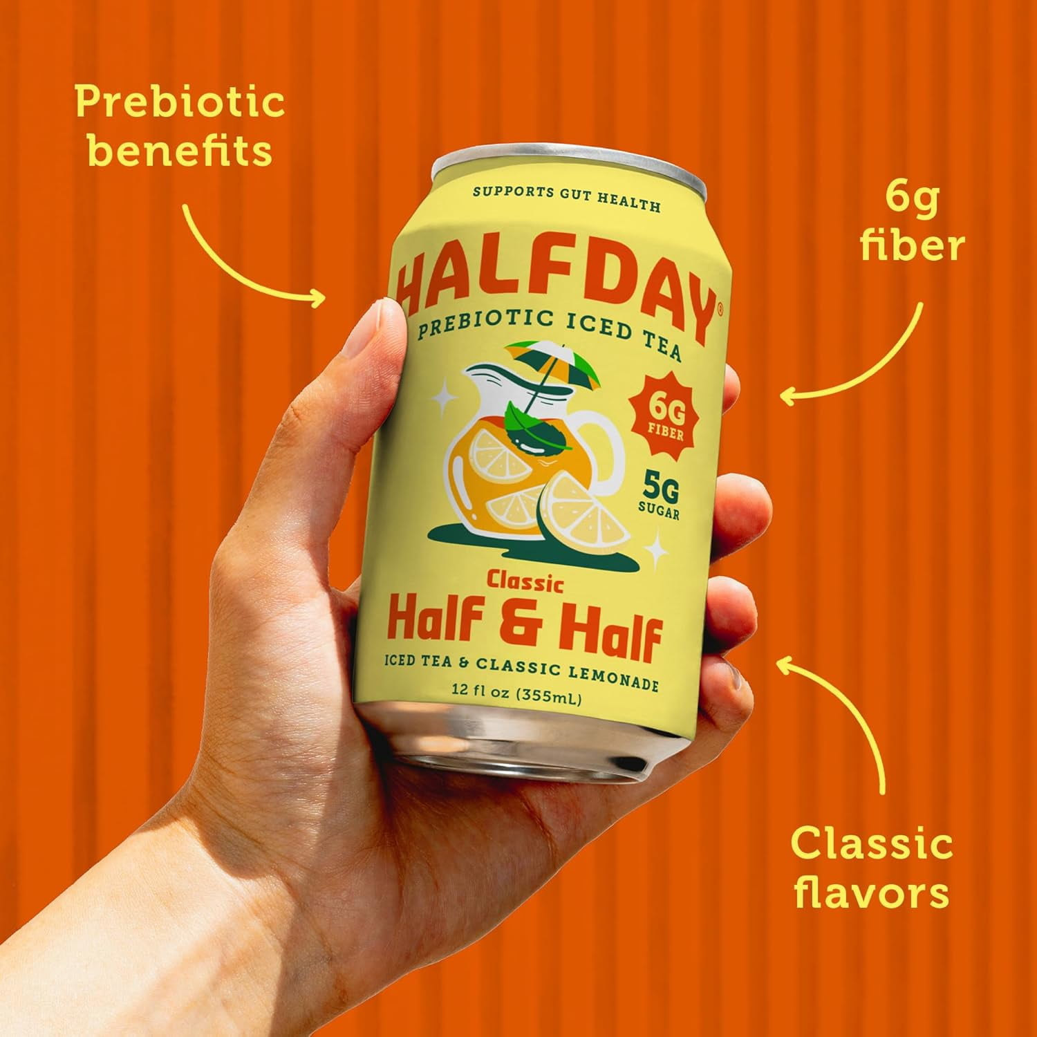 (5 pack) Halfday Prebiotic Classic Half & Half Iced Tea Drink & Lemonade, 6g Fiber, 12 fl oz Single Can