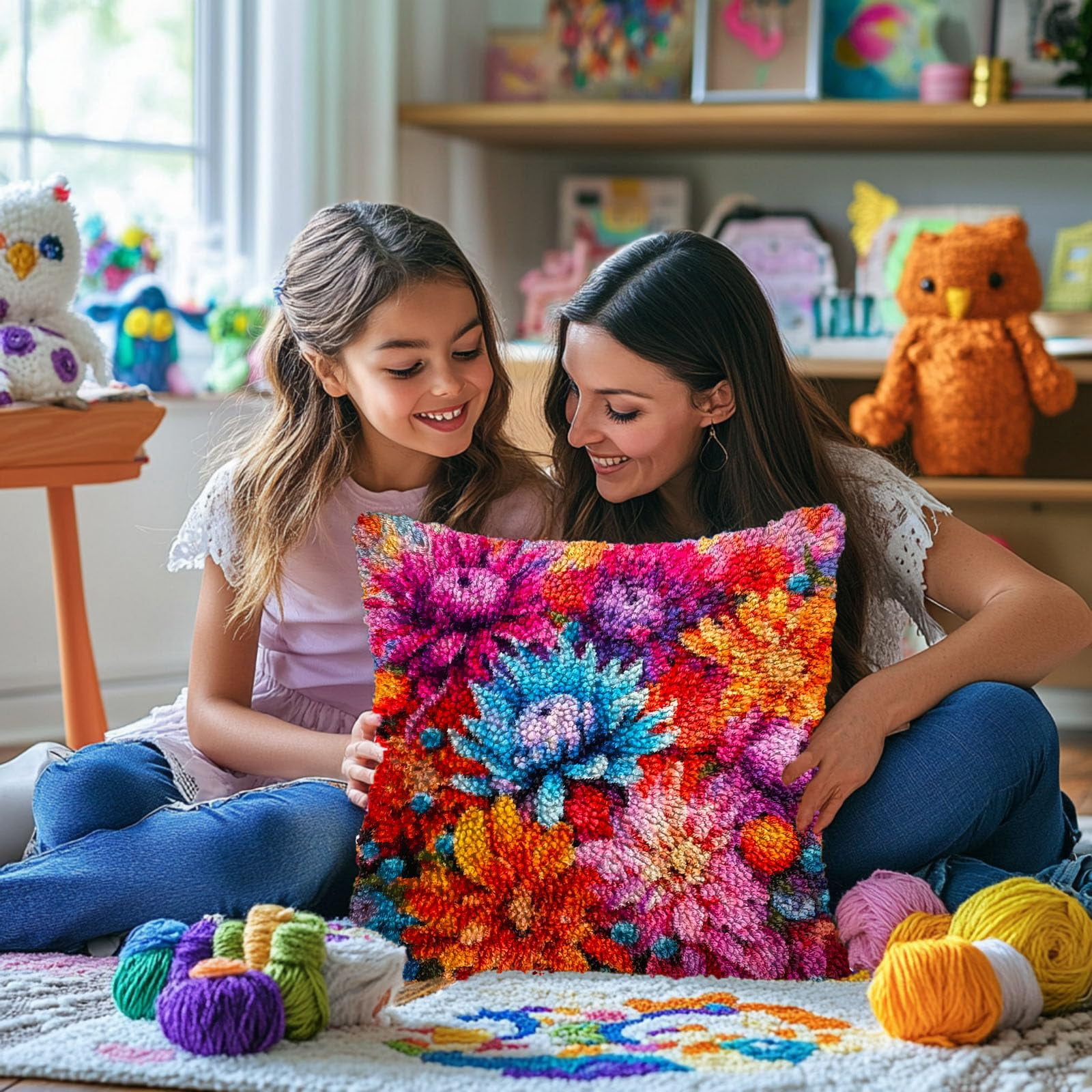 Colorful Beautiful Flower Chrysanthemum DIY Latch Hook Pillow Kits for Adults Printed Pillowcase Crochet Yarns Hooking Handmade Pillow Cover Cushion for Home Sofa Decoration 17x17inch