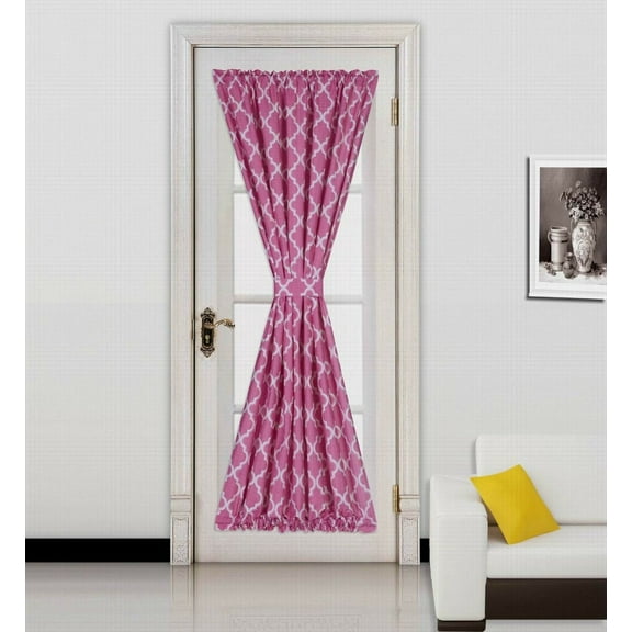 (Ella) Hot Pink-White 1 Mix Color Geometric French Door Foam Backing Insulated Thermal Blackout Rod Pocket Curtain Panel With Tieback 55"W X 72"L 