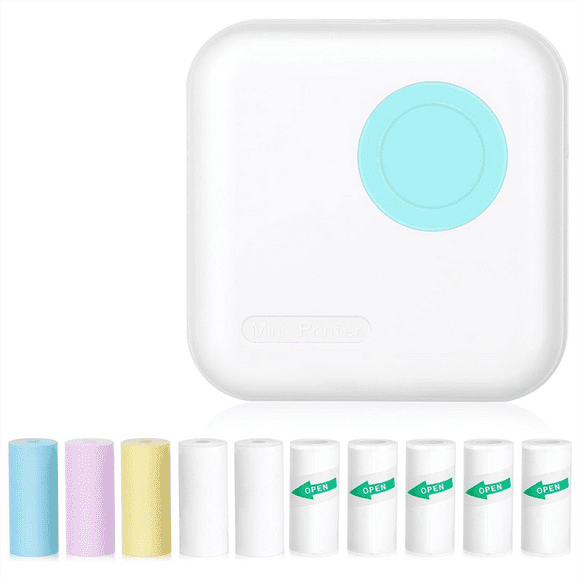 Mini Sticker Printer Bluetooth Thermal Printer with 10 Rolls and Stickers for Picture, Receipt, Notes, Blue