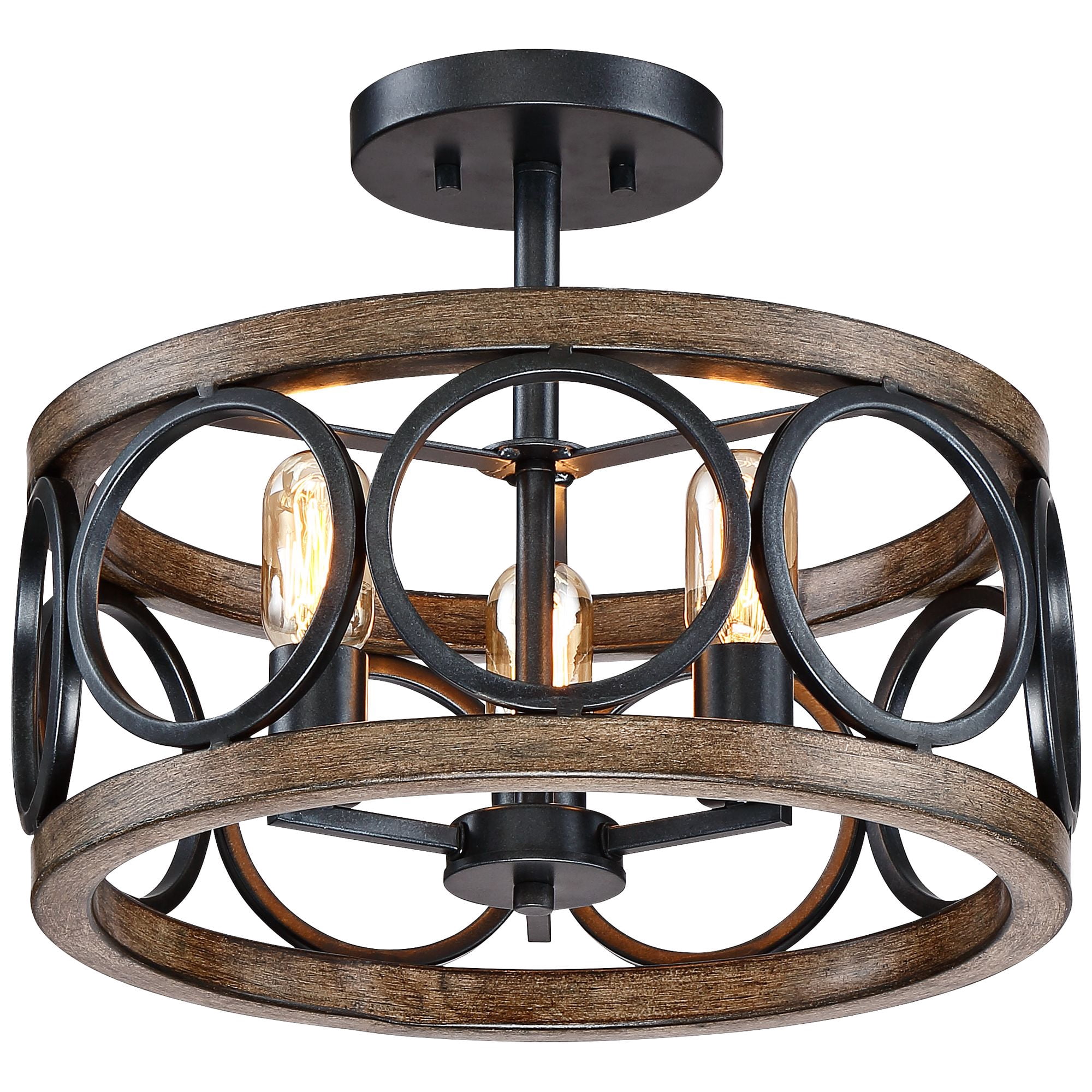 Franklin Iron Works Salima Rustic Farmhouse Ceiling Light Semi Flush Mount 16" Wide Black Faux Wood Grain 3-Light LED for Bedroom Kitchen Living Room