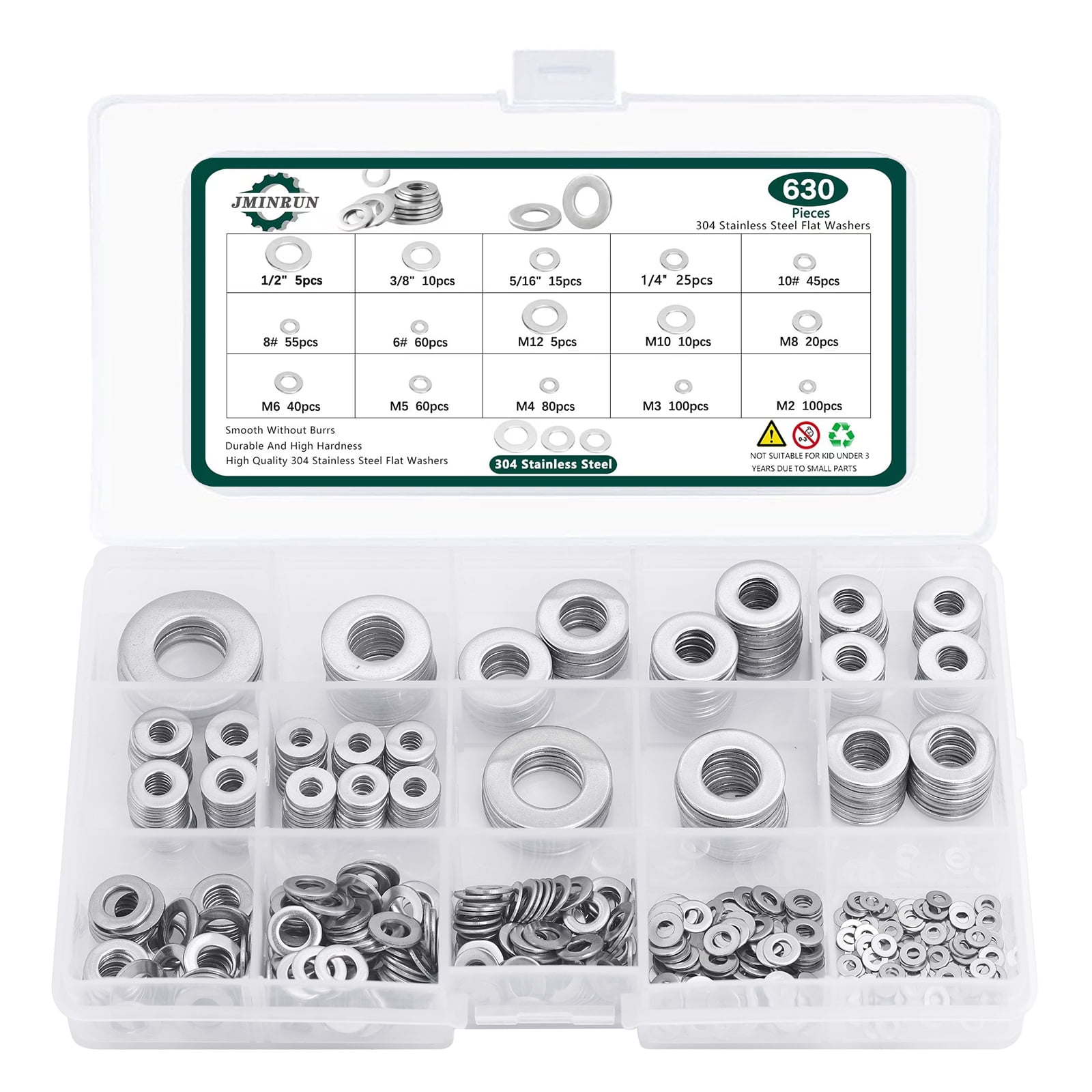 60 Pcs 3/8" Stainless Steel 304 Flat Washers - 1" OD, Silver