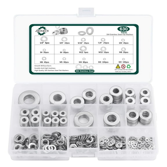 Washers, 630 Pcs SAE Metric 15 Sizes Washers for Screws, 304 Stainless Steel Flat Washers Assortment Set, Assorted Hardware Washers Kit for Bolts (M2 -M12 6# 8# 10# 1/4 5/16 3/8 1/2)