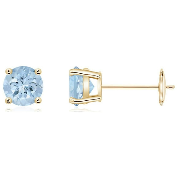 Angara Natural Aquamarine Earrings - Round Aquamarine Stud Earrings in 14K Yellow Gold for Women