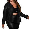 thumbnail image 2 of Jackets for Women Plus Size Fashion Open Front Solid Sequin Jacket Womens Long Sleeve Crewneck Short Blazer Casual Coat Tops Black qILAKOG Size XXXL, 2 of 6