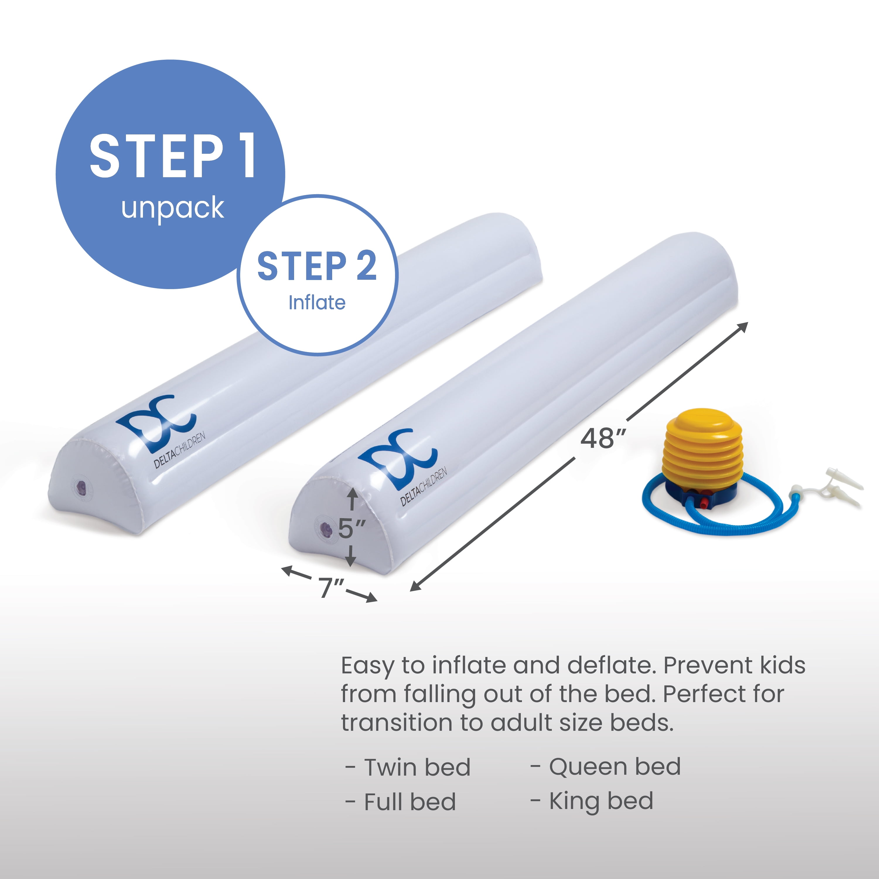 Delta Children Inflatable Bed Rails for Toddlers & Kids with Foot Pump (2 Pack) - Leak-Proof Portable Guardrails Great for Travel or At Home, White