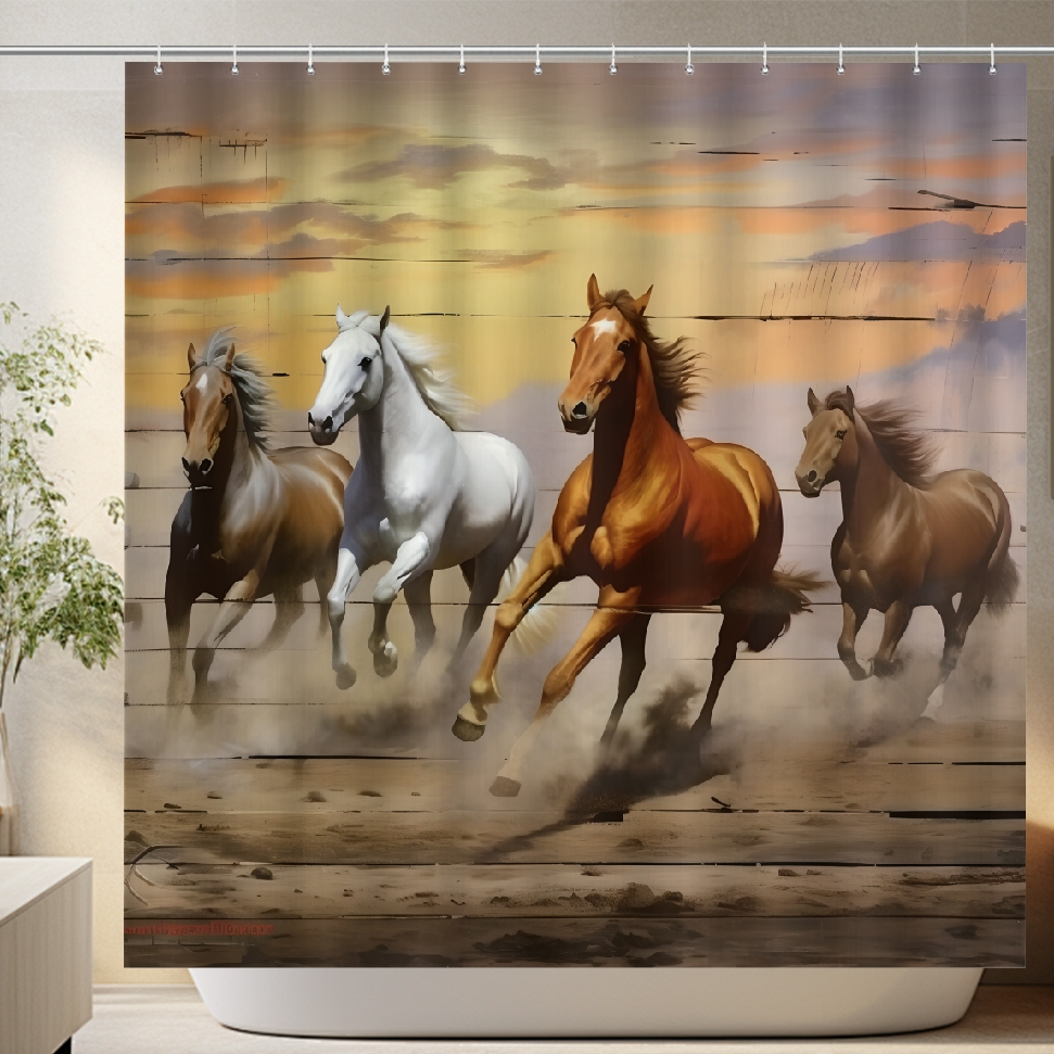 Horses running fence waterproof shower curtain Bathroom shower curtain  Cloth Fabric Bathroom Decor Set with Hooks