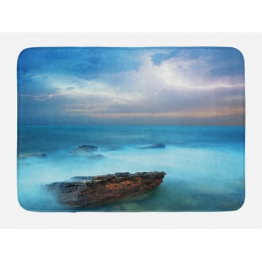 Nature Bath Mat, Tropic Sea with Rocks and Storm Flash in the Air Tranquil But Dangerous Epic Scenery, Non-Slip Plush Mat Bathroom Kitchen Laundry Room Decor, 29.5 X 17.5 Inches, Turquoise, Ambesonne