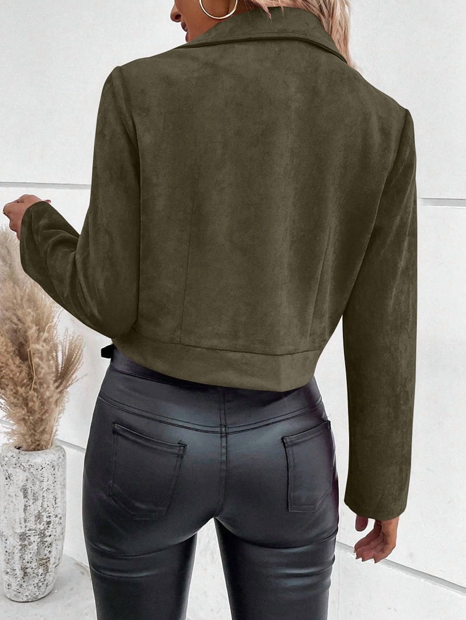 Women'S Cropped Zipper Long Sleeve Suede Faux Leather Blazer Jacket Autumn Fashion Outerwear Green M