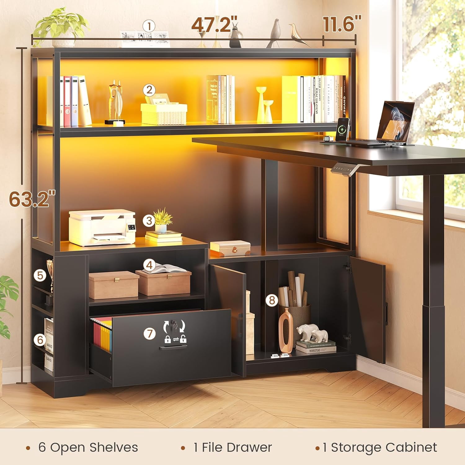 SEDETA L Shaped Standing Desk with Storage, Electric Home Office Desk with LED Lights & Power Outlets, Adjustable Height Computer Desk with Drawer, Cabinet & Bookcase, Sit Stand Up Corner Desk, Black