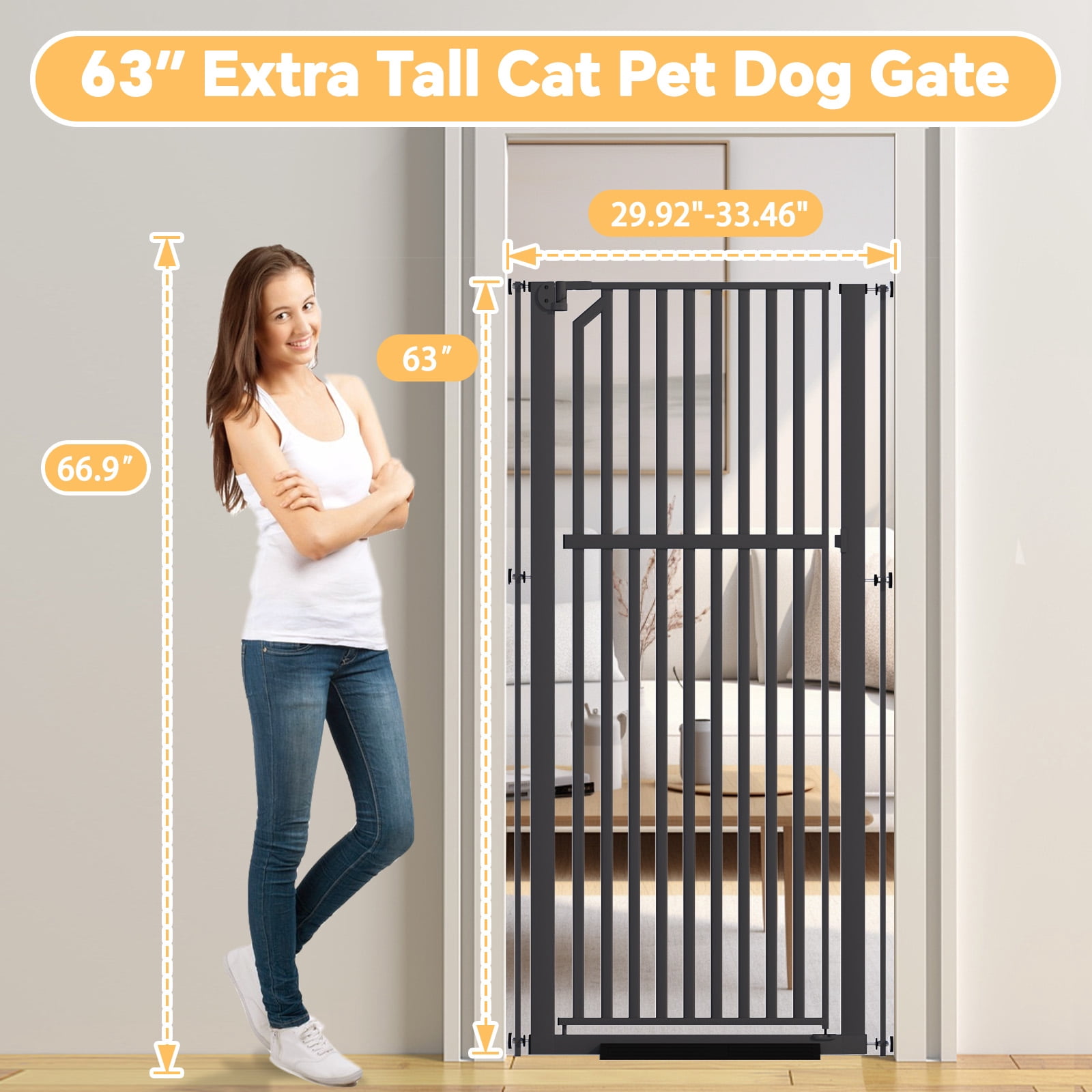 YUFU 63" Extra Tall Pet Door for Door Way, 30"-33"/30"-37" Adjustable Wide One-Handed Operation Tall Pet Gate for Dogs Cats, 30"-33" Black