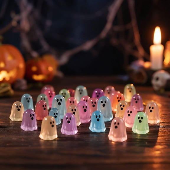 Translucent Mini Ghost Figures, 40 Pcs Bulk Glossy Resin With Painted Faces, Tiny Charms For Halloween Craft, Dollhouse Vase Filler, Party Favors, Color