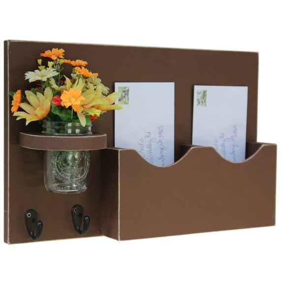 Double Slot Mail Organizer with Key Hooks & Mason Jar