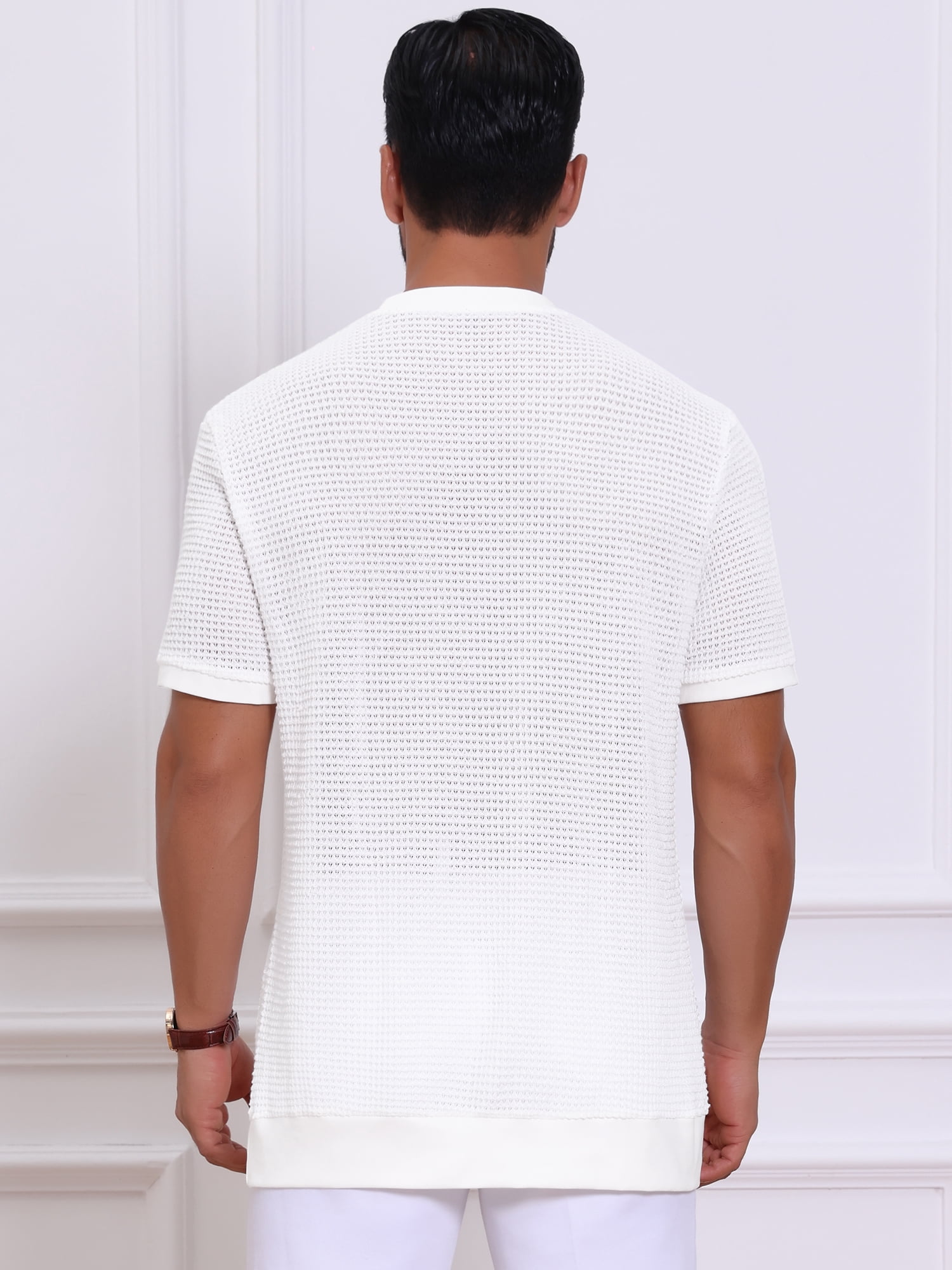 DARING DIVA Men's Waffle Short Sleeve Crew Neck Solid Knitted T-Shirt XL White